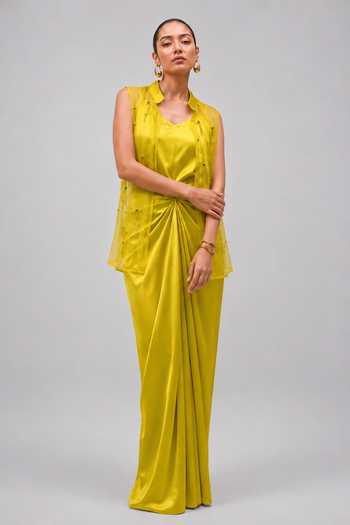 Vridhi Somaani_Green Satin V-neck, Mandarin Collar Nova Knotted Skirt And Embroidered Jacket Set _Online_at_Aza_Fashions