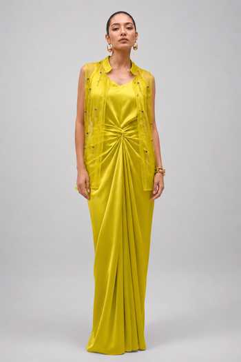 Shop_Vridhi Somaani_Green Satin V-neck, Mandarin Collar Nova Knotted Skirt And Embroidered Jacket Set _Online_at_Aza_Fashions
