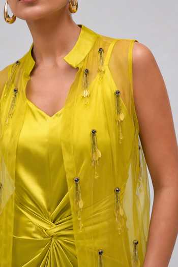 Shop_Vridhi Somaani_Green Satin V-neck, Mandarin Collar Nova Knotted Skirt And Embroidered Jacket Set 