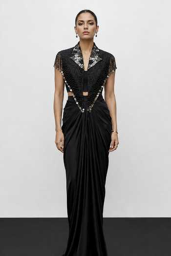 Vridhi Somaani_Black Satin, Chantilly, Lace Shawl Serena Embroidered Cape And Draped Skirt Set _Online_at_Aza_Fashions