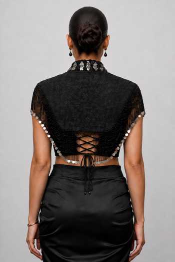 Buy_Vridhi Somaani_Black Satin, Chantilly, Lace Shawl Serena Embroidered Cape And Draped Skirt Set _Online_at_Aza_Fashions