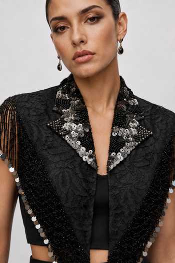 Shop_Vridhi Somaani_Black Satin, Chantilly, Lace Shawl Serena Embroidered Cape And Draped Skirt Set _Online_at_Aza_Fashions