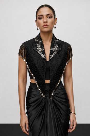 Vridhi Somaani_Black Satin, Chantilly, Lace Shawl Serena Embroidered Cape And Draped Skirt Set _at_Aza_Fashions