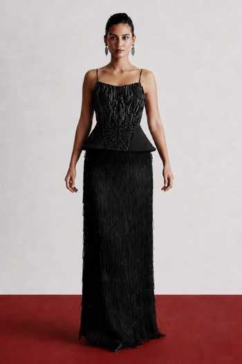 Vridhi Somaani_Black Organza Square Neck Onyx Embroidered Peplum Corset And Skirt Set _Online_at_Aza_Fashions
