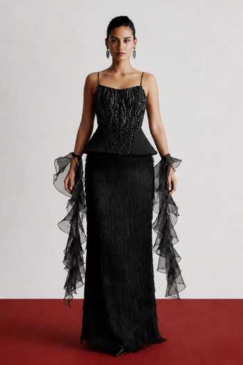 Buy_Vridhi Somaani_Black Organza Square Neck Onyx Embroidered Peplum Corset And Skirt Set _Online_at_Aza_Fashions