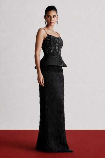 Shop_Vridhi Somaani_Black Organza Square Neck Onyx Embroidered Peplum Corset And Skirt Set _Online_at_Aza_Fashions