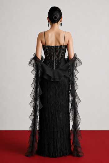 Vridhi Somaani_Black Organza Square Neck Onyx Embroidered Peplum Corset And Skirt Set _at_Aza_Fashions