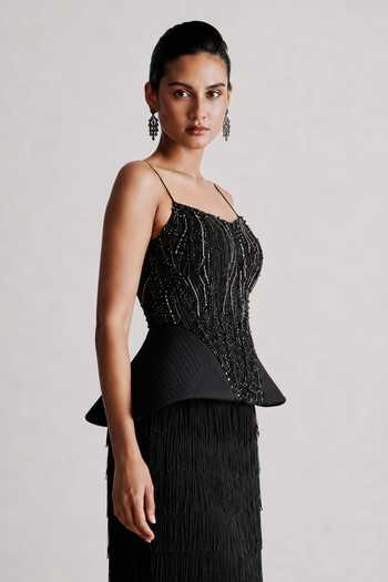 Buy_Vridhi Somaani_Black Organza Square Neck Onyx Embroidered Peplum Corset And Skirt Set 