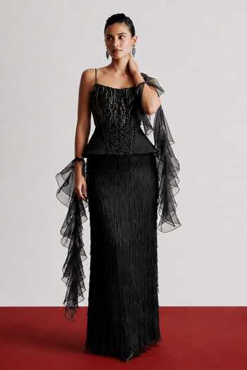Vridhi Somaani Onyx Embroidered Peplum Corset & Skirt Set 