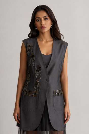 Vridhi Somaani_Grey Organza, Denim Rachel Blazer And Skirt Set _Online_at_Aza_Fashions