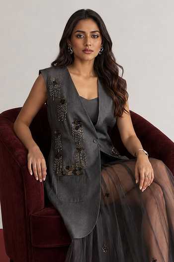 Buy_Vridhi Somaani_Grey Organza, Denim Rachel Blazer And Skirt Set _Online_at_Aza_Fashions