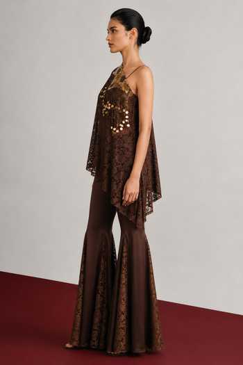 Vridhi Somaani_Brown Satin, Chantilly, Lace One Shoulder Belly Top And Pant Set _Online_at_Aza_Fashions