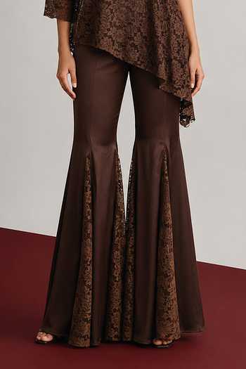 Buy_Vridhi Somaani_Brown Satin, Chantilly, Lace One Shoulder Belly Top And Pant Set _Online_at_Aza_Fashions