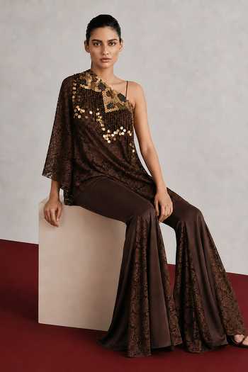 Shop_Vridhi Somaani_Brown Satin, Chantilly, Lace One Shoulder Belly Top And Pant Set _Online_at_Aza_Fashions