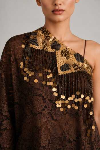 Vridhi Somaani_Brown Satin, Chantilly, Lace One Shoulder Belly Top And Pant Set _at_Aza_Fashions