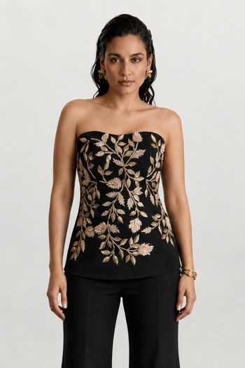 Buy_Vridhi Somaani_Black Embroidery Bandeau Neck Alyssa Hand Corset And Pant Set _Online_at_Aza_Fashions