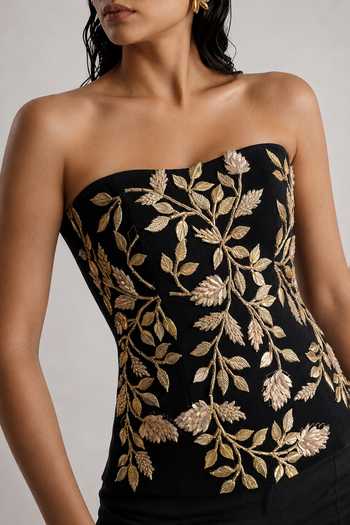 Shop_Vridhi Somaani_Black Embroidery Bandeau Neck Alyssa Hand Corset And Pant Set _Online_at_Aza_Fashions