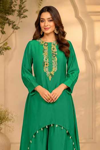 Nidhi Kejriwal Emerald Green Silk, Cotton Round Neck C-cut Hem Kurta With Flap Palazzo Online at Aza Fashions Nidhi Kejriwal_Emerald Green Silk, Cotton Round Neck C-cut Hem Kurta With Flap Palazzo _Online_at_Aza_Fashions