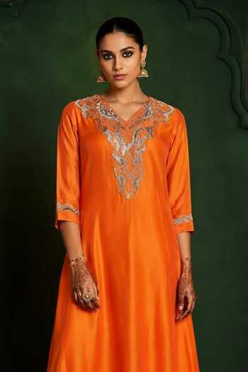 Nidhi Kejriwal Orange Chanderi Silk V-neck, Yes Embroidered Kurta With Palazzo Online at Aza Fashions Nidhi Kejriwal_Orange Chanderi Silk V-neck, Yes Embroidered Kurta With Palazzo _Online_at_Aza_Fashions