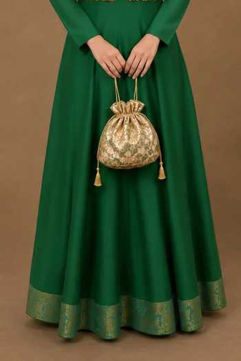 Nidhi Kejriwal Green Silk High Neck, Mandarin Collar Anarkali With Embroidered Cropped Jacket Online at Aza Fashions Nidhi Kejriwal_Green Silk High Neck, Mandarin Collar Anarkali With Embroidered Cropped Jacket _Online_at_Aza_Fashions