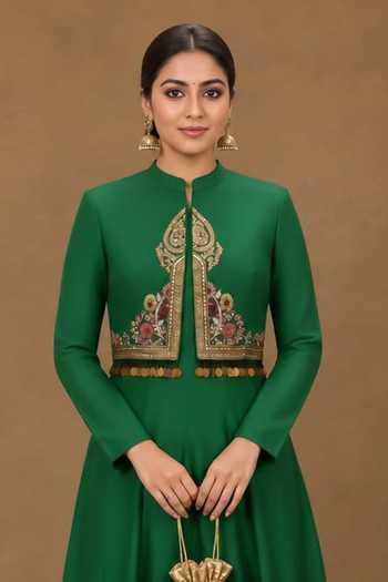 Buy Nidhi Kejriwal Green Silk High Neck, Mandarin Collar Anarkali With Embroidered Cropped Jacket Online at Aza Fashions Buy_Nidhi Kejriwal_Green Silk High Neck, Mandarin Collar Anarkali With Embroidered Cropped Jacket _Online_at_Aza_Fashions