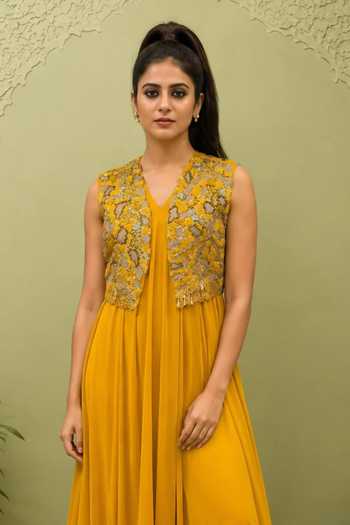 Nidhi Kejriwal Yellow Satin, Wool V-neck Long Dress With Embroidered Jacket Online at Aza Fashions Nidhi Kejriwal_Yellow Satin, Wool V-neck Long Dress With Embroidered Jacket _Online_at_Aza_Fashions