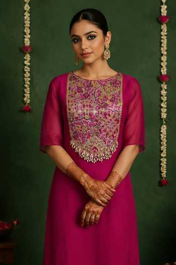 Buy Nidhi Kejriwal Magenta Silk, Organza Round Neck Embroidered Long Kurta And Pant Set Online at Aza Fashions Buy_Nidhi Kejriwal_Magenta Silk, Organza Round Neck Embroidered Long Kurta And Pant Set _Online_at_Aza_Fashions