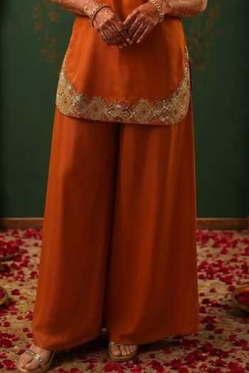 Nidhi Kejriwal Orange Silk, Modal Rust Short Kurta With C-cut Palazzo Online at Aza Fashions Nidhi Kejriwal_Orange Silk, Modal Rust Short Kurta With C-cut Palazzo _Online_at_Aza_Fashions