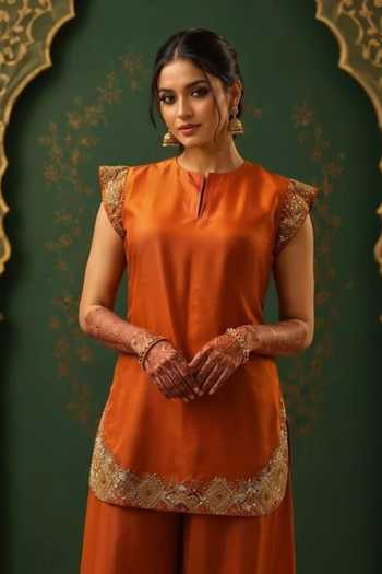 Buy Nidhi Kejriwal Orange Silk, Modal Rust Short Kurta With C-cut Palazzo Online at Aza Fashions Buy_Nidhi Kejriwal_Orange Silk, Modal Rust Short Kurta With C-cut Palazzo _Online_at_Aza_Fashions