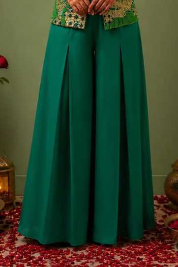 Buy_Nidhi Kejriwal_Green Silk V-neck Embroidered Jacket With Box Pleated Palazzo _Online_at_Aza_Fashions