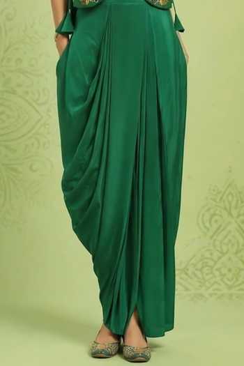 Nidhi Kejriwal Emerald Green Silk Round Neck Embroidered Jacket With Dhoti Skirt Set Online at Aza Fashions Nidhi Kejriwal_Emerald Green Silk Round Neck Embroidered Jacket With Dhoti Skirt Set _Online_at_Aza_Fashions