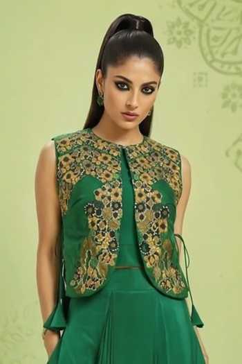 Buy Nidhi Kejriwal Emerald Green Silk Round Neck Embroidered Jacket With Dhoti Skirt Set Online at Aza Fashions Buy_Nidhi Kejriwal_Emerald Green Silk Round Neck Embroidered Jacket With Dhoti Skirt Set _Online_at_Aza_Fashions