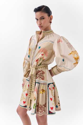 Shop NOIB Multi Color Cotton Satin Mandarin Collar Celia Postcards And Petals Mini Dress Online at Aza Fashions Shop_NOIB_Multi Color Cotton Satin Mandarin Collar Celia Postcards And Petals Mini Dress _Online_at_Aza_Fashions