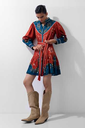NOIB Multi Color Cotton Satin Mandarin Collar Celia Nocturnal Jungle Mini Dress Online at Aza Fashions NOIB_Multi Color Cotton Satin Mandarin Collar Celia Nocturnal Jungle Mini Dress _Online_at_Aza_Fashions