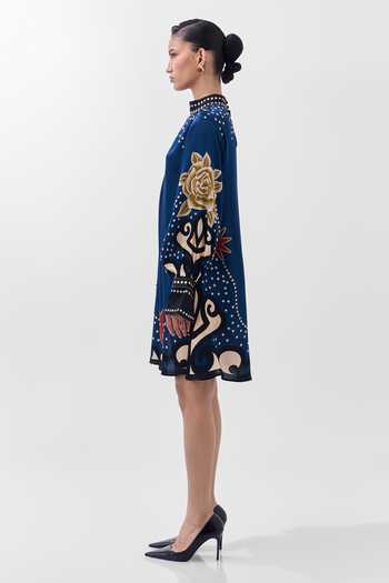 NOIB Multi Color Satin, Modal High Neck Amber Old Rose Print Mini Dress Online at Aza Fashions NOIB_Multi Color Satin, Modal High Neck Amber Old Rose Print Mini Dress _Online_at_Aza_Fashions