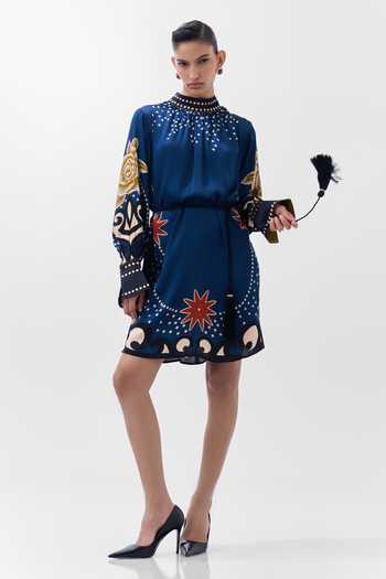 Shop NOIB Multi Color Satin, Modal High Neck Amber Old Rose Print Mini Dress Online at Aza Fashions Shop_NOIB_Multi Color Satin, Modal High Neck Amber Old Rose Print Mini Dress _Online_at_Aza_Fashions