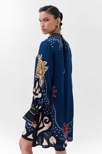 NOIB Multi Color Satin, Modal High Neck Amber Old Rose Print Mini Dress at Aza Fashions NOIB_Multi Color Satin, Modal High Neck Amber Old Rose Print Mini Dress _at_Aza_Fashions