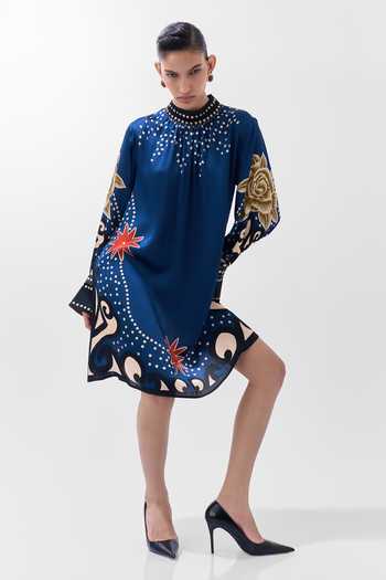 Buy NOIB Multi Color Satin, Modal High Neck Amber Old Rose Print Mini Dress Buy_NOIB_Multi Color Satin, Modal High Neck Amber Old Rose Print Mini Dress