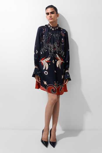 Buy NOIB Multi Color Satin, Modal Mandarin Collar Amber Nocturnal Jungle Print Mini Dress Online at Aza Fashions Buy_NOIB_Multi Color Satin, Modal Mandarin Collar Amber Nocturnal Jungle Print Mini Dress _Online_at_Aza_Fashions