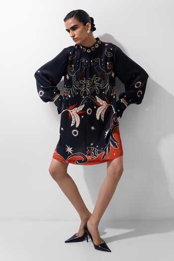 NOIB Multi Color Satin, Modal Mandarin Collar Amber Nocturnal Jungle Print Mini Dress at Aza Fashions NOIB_Multi Color Satin, Modal Mandarin Collar Amber Nocturnal Jungle Print Mini Dress _at_Aza_Fashions
