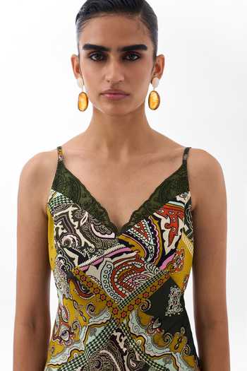 NOIB Multi Color Satin, Modal V-neck Liza Mosaic Print Midi Dress Online at Aza Fashions NOIB_Multi Color Satin, Modal V-neck Liza Mosaic Print Midi Dress _Online_at_Aza_Fashions