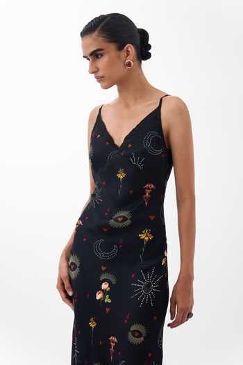 NOIB Multi Color Satin, Modal V-neck Liza Postcards And Petals Print Midi Dress Online at Aza Fashions NOIB_Multi Color Satin, Modal V-neck Liza Postcards And Petals Print Midi Dress _Online_at_Aza_Fashions