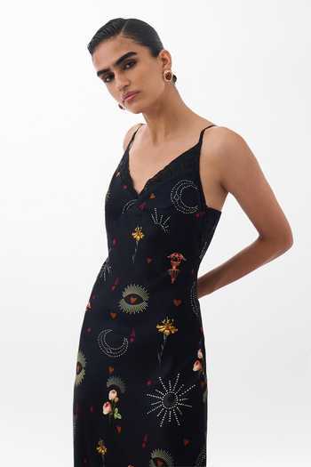 Shop NOIB Multi Color Satin, Modal V-neck Liza Postcards And Petals Print Midi Dress Online at Aza Fashions Shop_NOIB_Multi Color Satin, Modal V-neck Liza Postcards And Petals Print Midi Dress _Online_at_Aza_Fashions