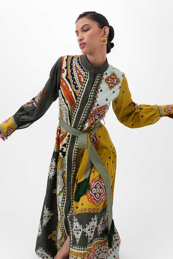 Shop NOIB Multi Color Cotton Satin Mandarin Collar Celia Mosaic Print Maxi Dress With Belt Online at Aza Fashions Shop_NOIB_Multi Color Cotton Satin Mandarin Collar Celia Mosaic Print Maxi Dress With Belt _Online_at_Aza_Fashions