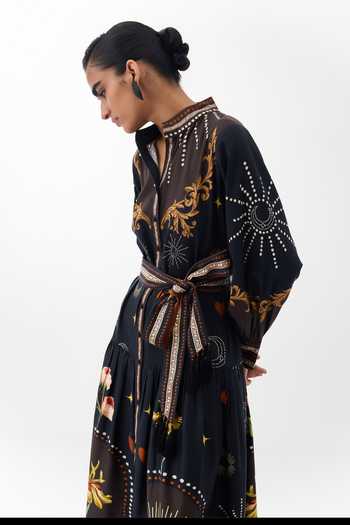 NOIB Multi Color Cotton Satin Mandarin Celia Postcards And Petals Print Maxi Dress Online at Aza Fashions NOIB_Multi Color Cotton Satin Mandarin Celia Postcards And Petals Print Maxi Dress _Online_at_Aza_Fashions