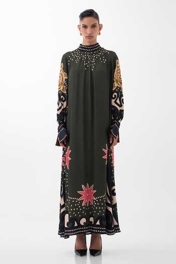 NOIB Olive Green Satin, Modal Choker Neck Amber Old Rose Print Maxi Dress Online at Aza Fashions NOIB_Olive Green Satin, Modal Choker Neck Amber Old Rose Print Maxi Dress _Online_at_Aza_Fashions