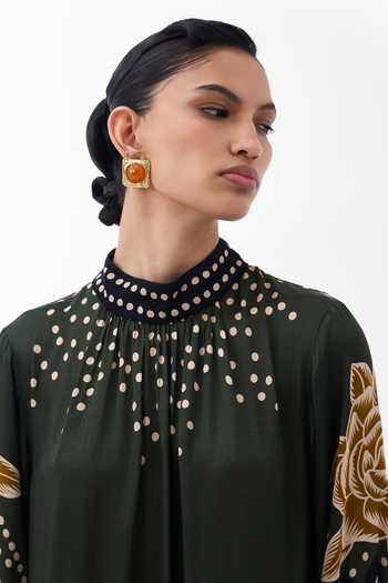 Shop NOIB Olive Green Satin, Modal Choker Neck Amber Old Rose Print Maxi Dress Online at Aza Fashions Shop_NOIB_Olive Green Satin, Modal Choker Neck Amber Old Rose Print Maxi Dress _Online_at_Aza_Fashions