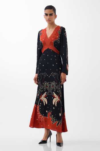 NOIB Multi Color Organza, Satin, Viscose, Aura Nocturnal Jungle Print Maxi Dress Online at Aza Fashions NOIB_Multi Color Organza, Satin, Viscose, Aura Nocturnal Jungle Print Maxi Dress _Online_at_Aza_Fashions