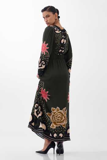 Shop NOIB Multi Color Organza, Satin, Viscose, Modal V-neck Aura Old Rose Print Maxi Dress at Aza Fashions Shop_NOIB_Multi Color Organza, Satin, Viscose, Modal V-neck Aura Old Rose Print Maxi Dress _at_Aza_Fashions