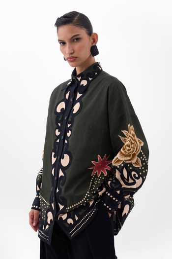 Shop NOIB Multi Color Cotton, Twill Collared Neck Xena Old Rose Print Over Shirt at Aza Fashions Shop_NOIB_Multi Color Cotton, Twill Collared Neck Xena Old Rose Print Over Shirt _at_Aza_Fashions